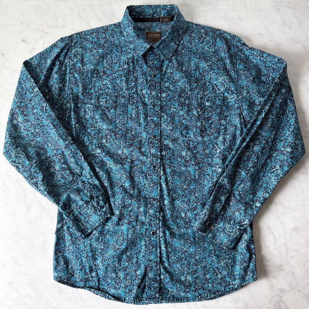 Roper Western Shirt Womens XL 16-18 Blue Paisley Snap Front Cowboy Rodeo